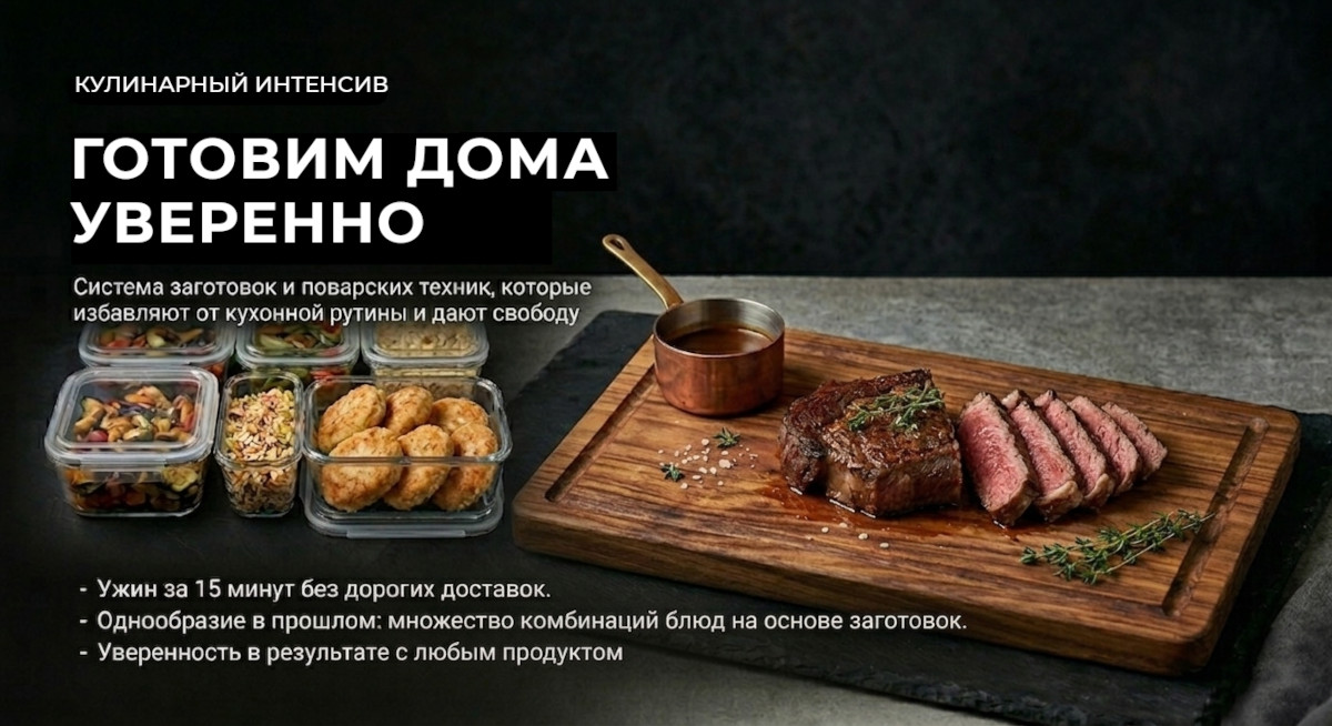 Офлайн-курс по системе заготовок в СПб: стейк на деревянной доске рядом с контейнерами еды.